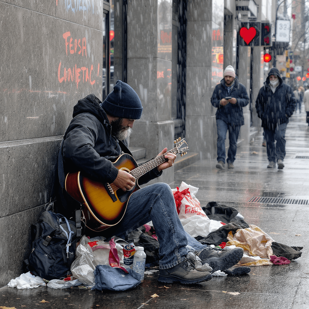 AI generated: Blues busker in windy city playing in front of a few frenetic listeners