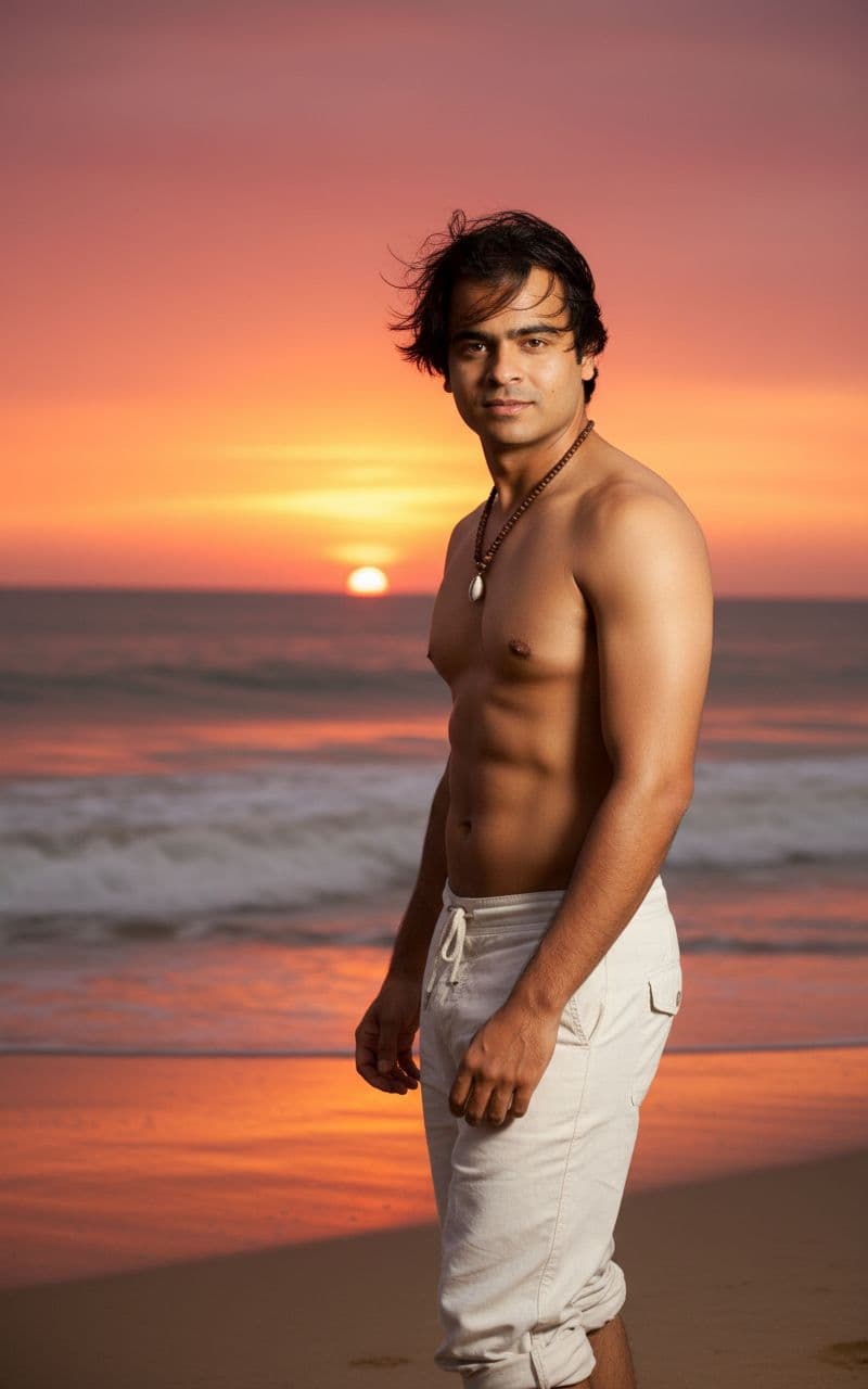 AI generated: A cinematic portrait of this man standing on the beach at sunset, with ocean waves behind him.

Wa...