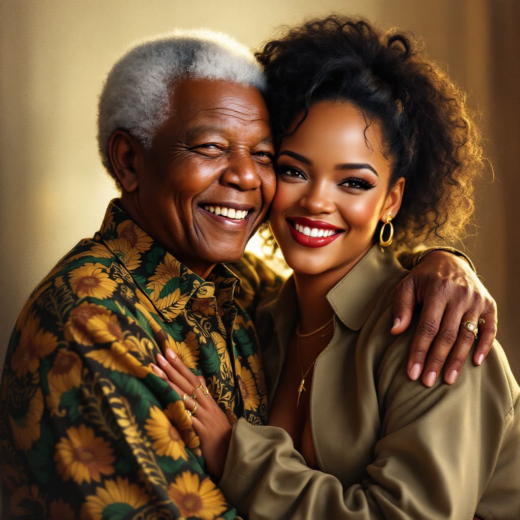 AI generated: "A highly detailed and realistic digital painting of Nelson Mandela and Rihanna sharing a warm hug. ...