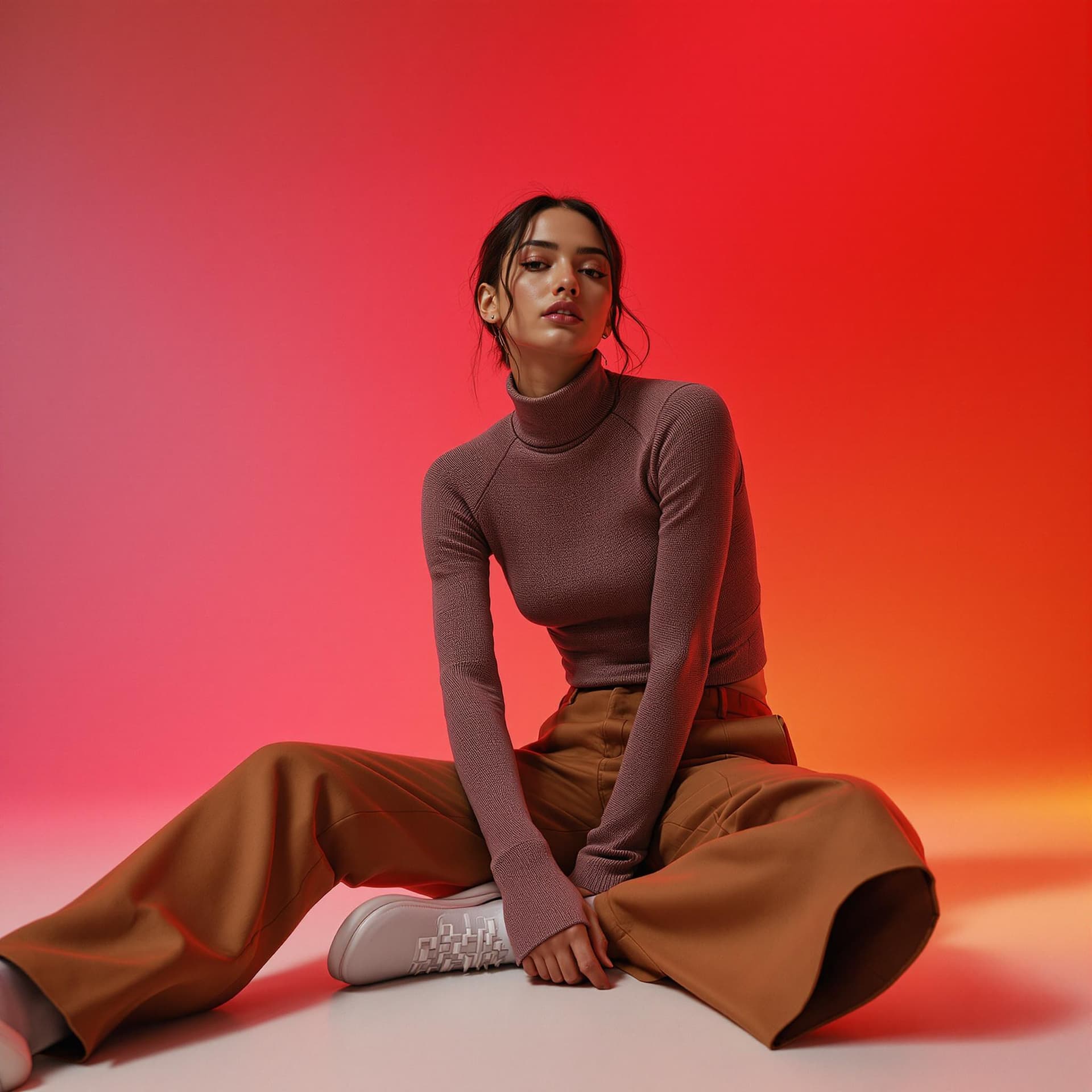 AI generated: wide and low angle, cinematic, fashion photography for the brand Uniqlo. Woman sitting on floor wear...