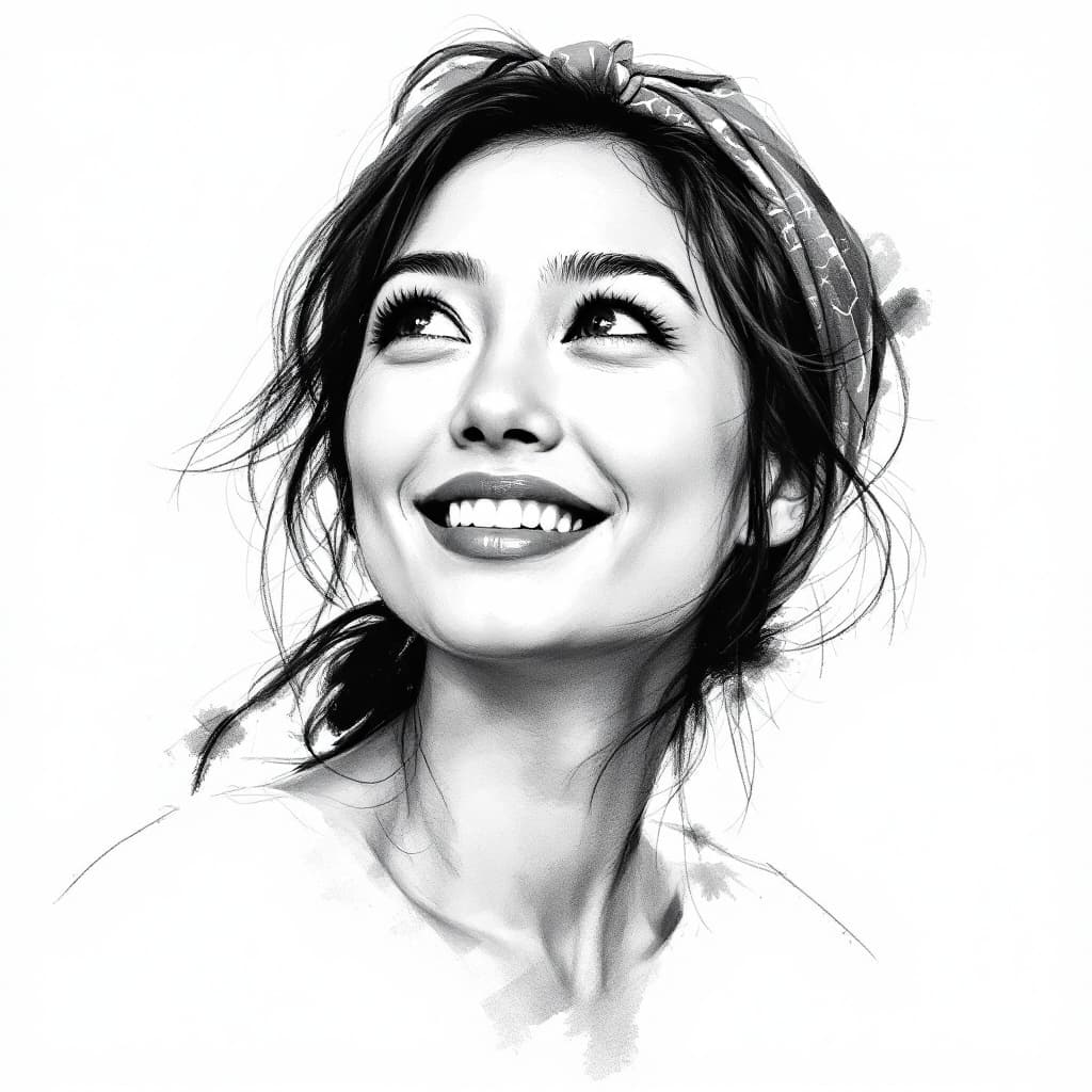AI generated: Attractive asian woman, 30s, charcoal sketch, expressive, looking slightly up, wearing a little scar...