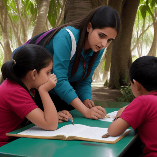 AI generated: una docente en medio de la selva dando clases a niños 
