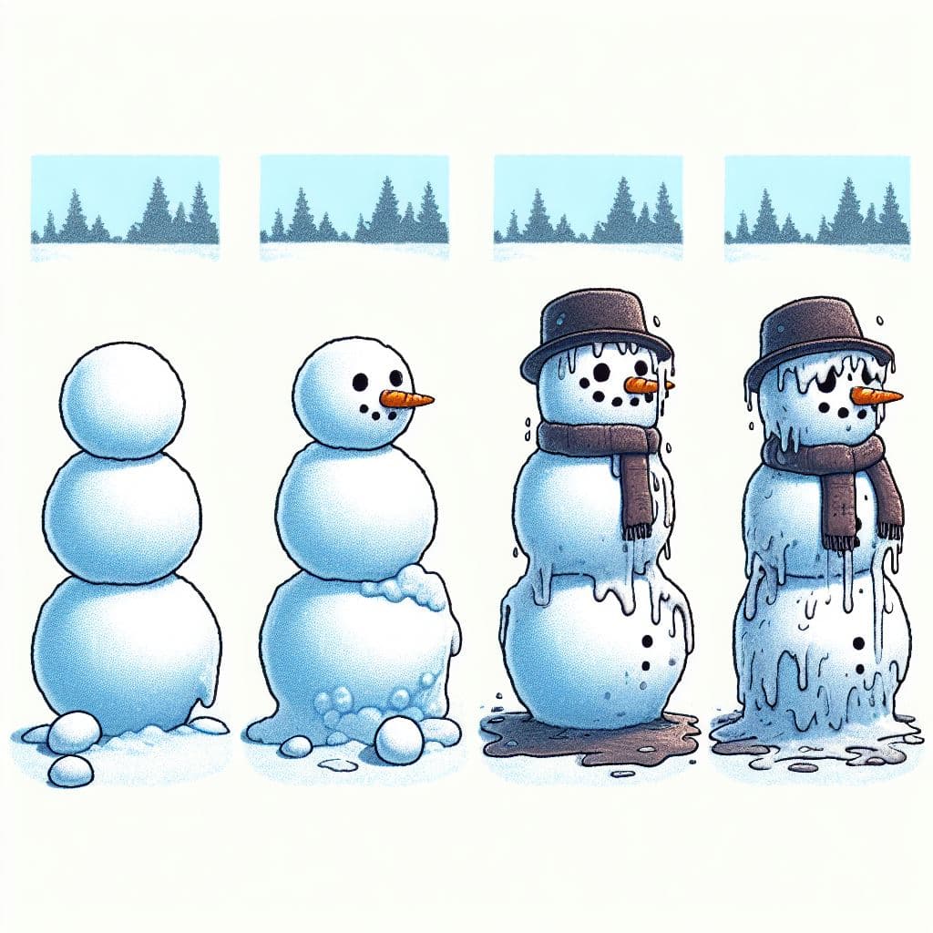 AI generated: Four images side by side illustrating the life cycle of a snowman:  Pristine empty snow-covered fiel...