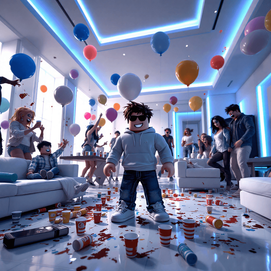 AI generated: A Robloxian at a wild, informal party inside a modern white mansion with blue LED accents. The scene...