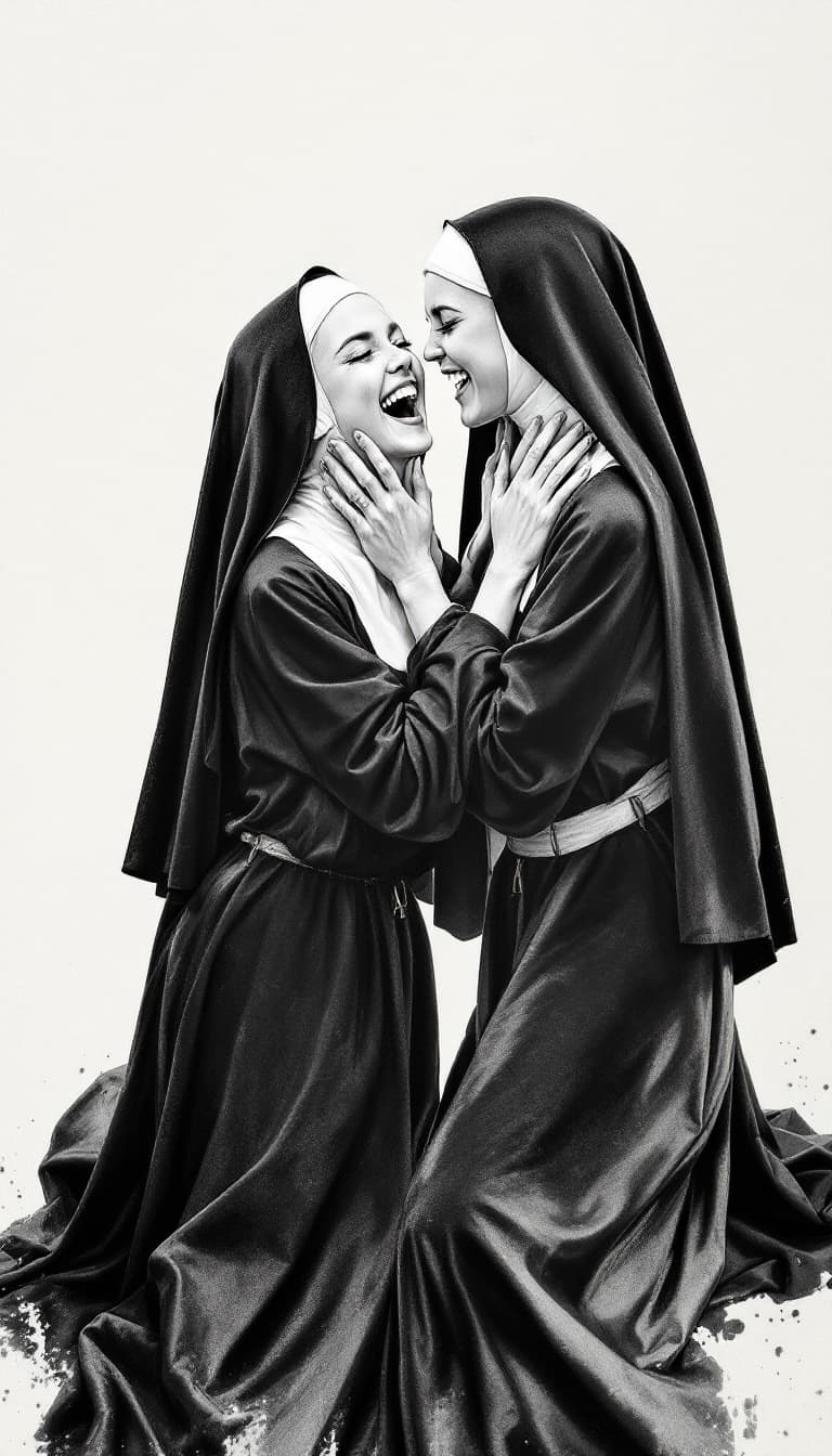 AI generated: Two young beautiful nuns they are wrestling and laughing, pencil drawing in style Adam Hughes --no t...