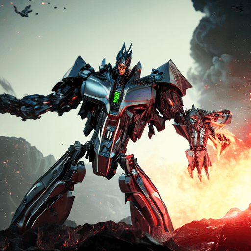 AI generated: gaming cut scene, centered image, actual and perfect scale of transformers megatron decepticon leade...