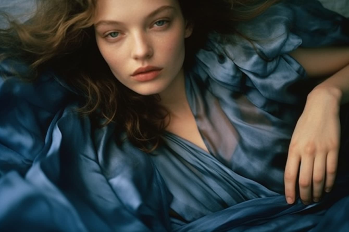 AI generated: a woman in a blue dress laying on the ground, a picture, by Peter Lindbergh, renaissance, kristine f...