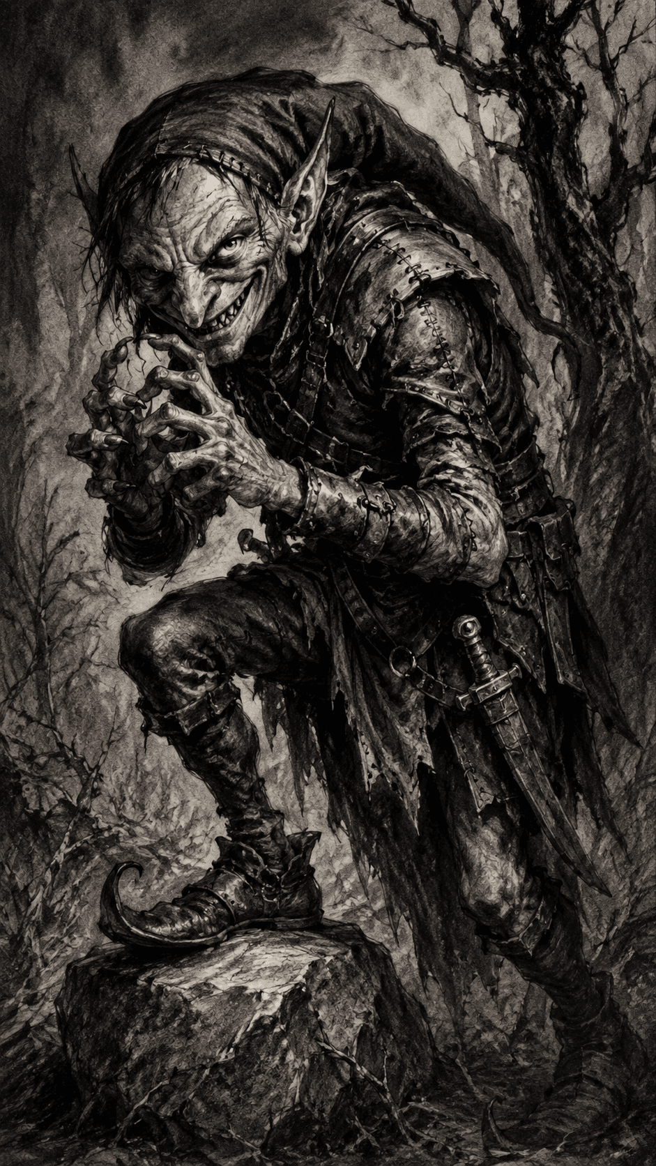 AI generated: A highly detailed black-and-white dark fantasy illustration rendered in charcoal and graphite, verti...