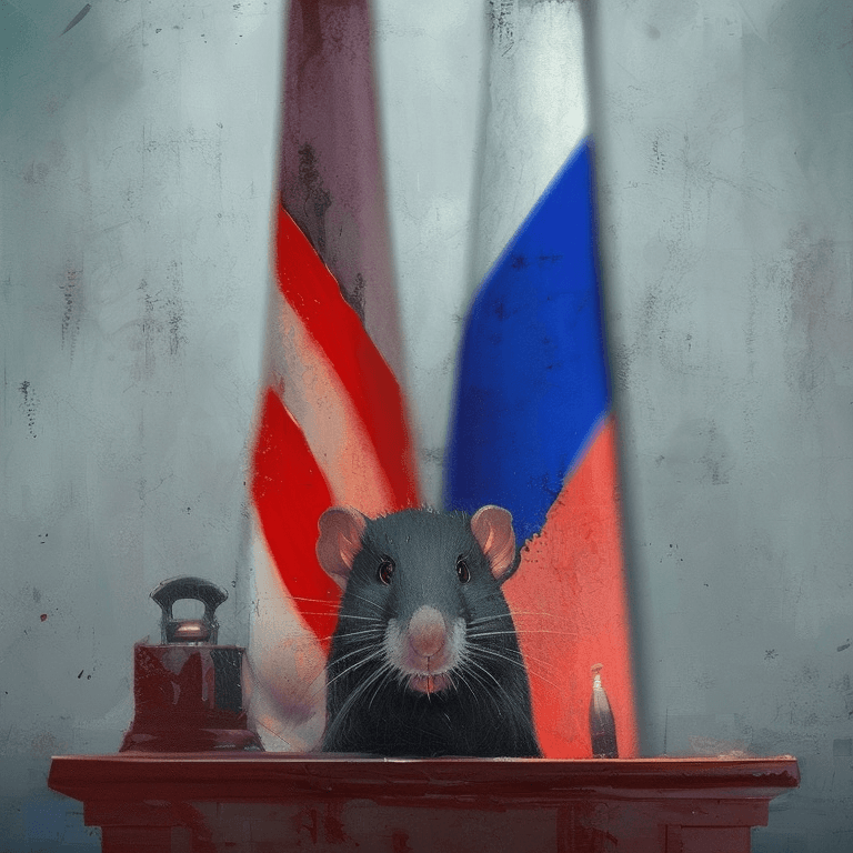 AI generated: press conference, anthropomorphic rat as the President of Russian Federation, russian symbolic, russ...