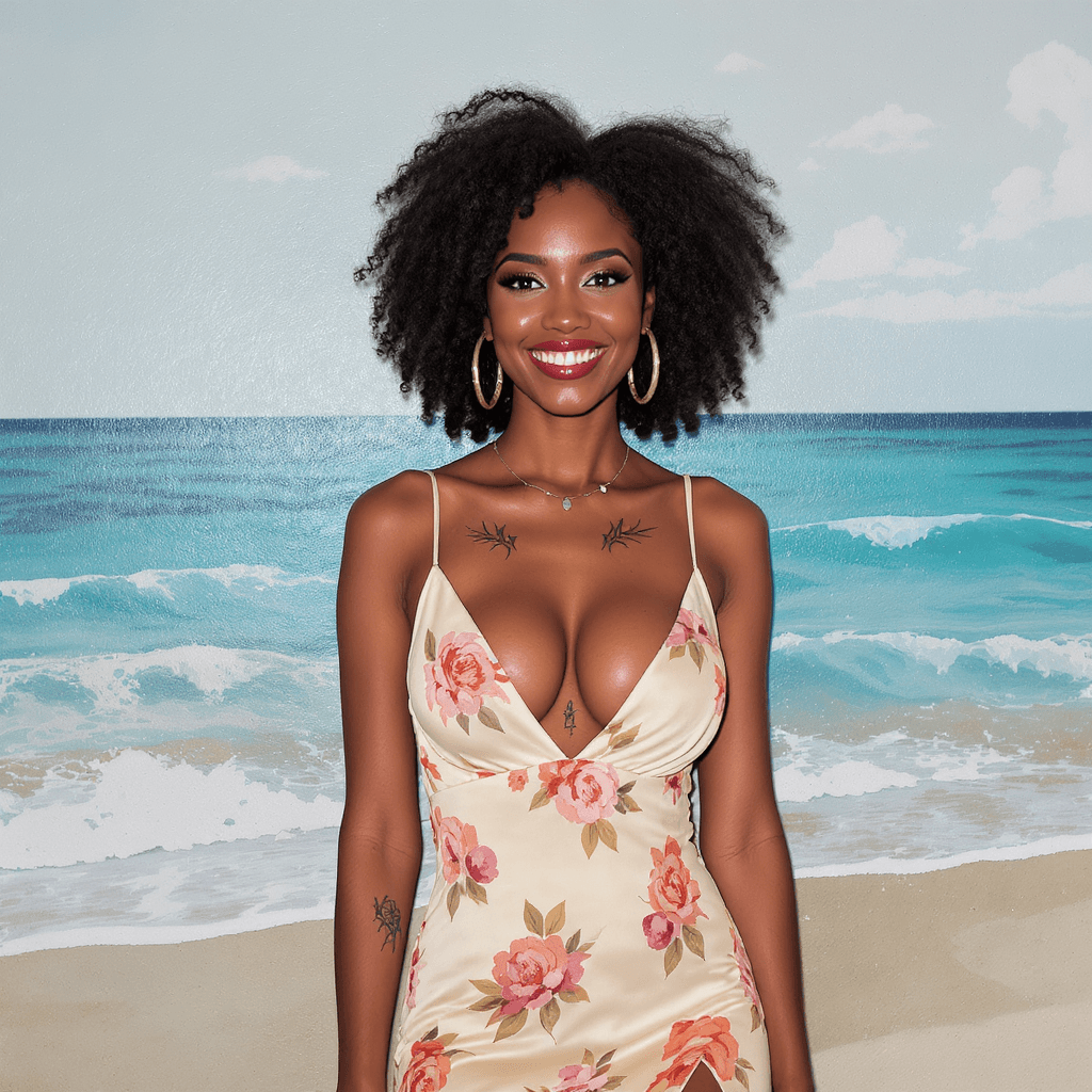 AI generated: Dark-skinned woman, 25-30 years old, with a beautiful, relaxed, and confident expression,  posing in...