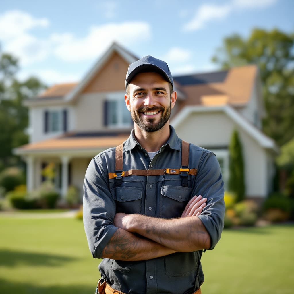 AI generated: realistic photograph of roofing contractor standing infront of a house that has a new roof.

The roo...