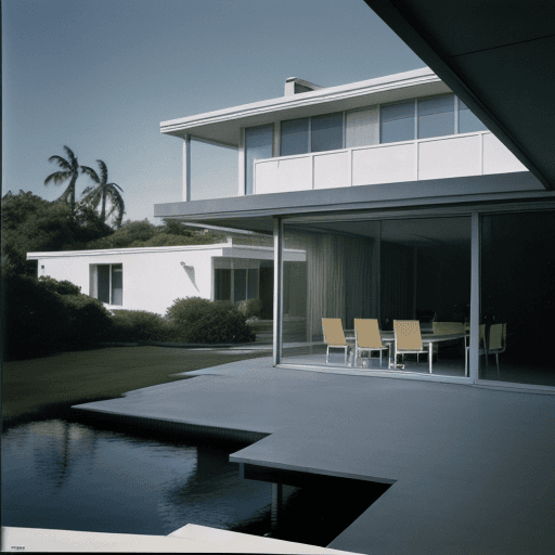 AI generated: Hyper realistic eye level exterior photo of a mid century modern style house overlooking the ocean, ...