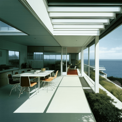 AI generated: Hyper realistic eye level exterior photo of a mid century modern style house overlooking the ocean, ...