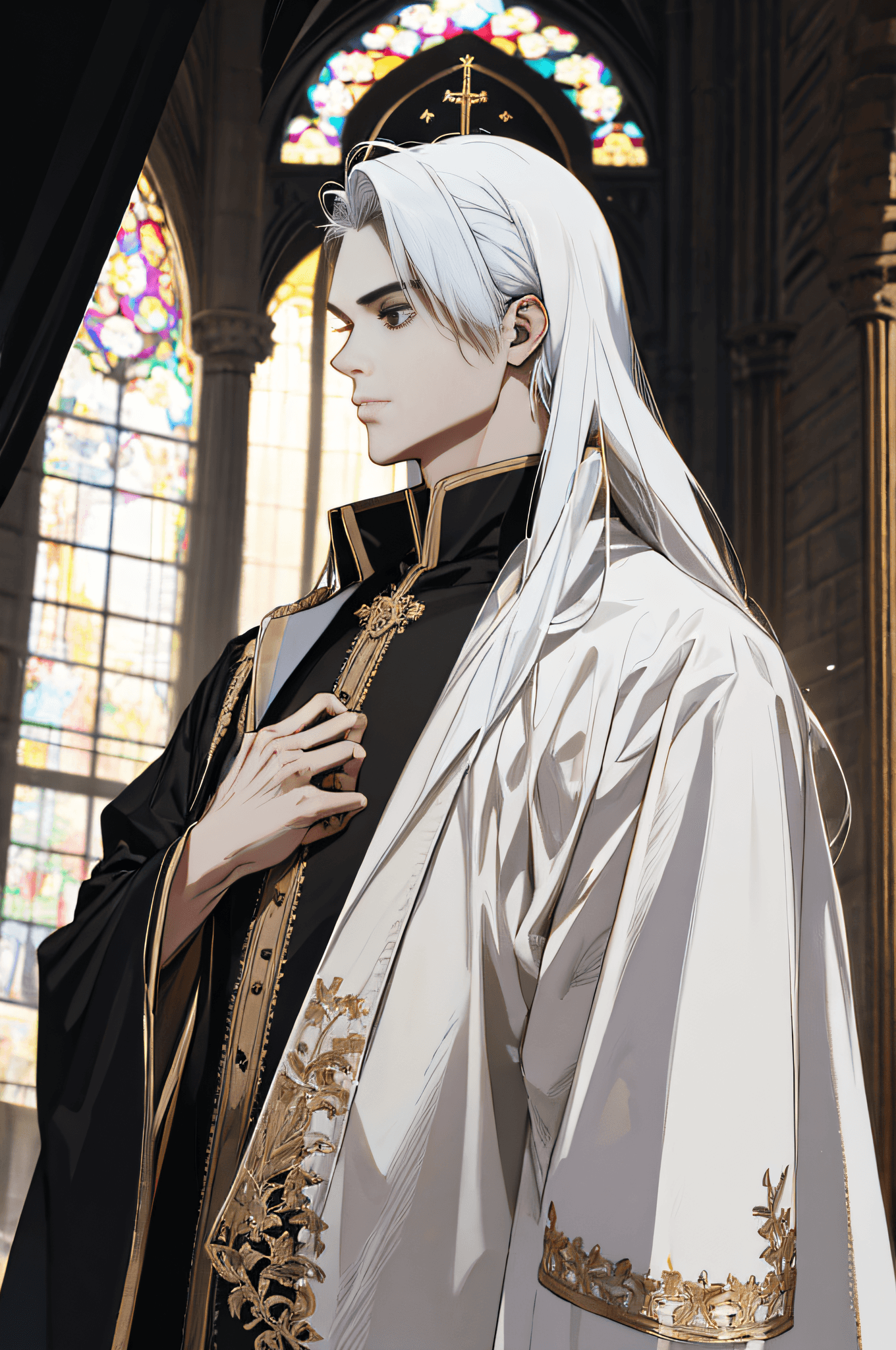 AI generated: (absurdres, highres, ultra detailed), 1man, solo, long hair, white and gold hair, holy