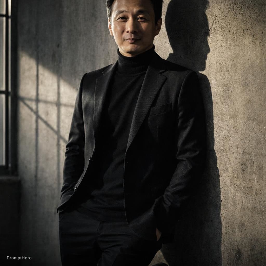 AI generated: this as A man in a tailored black
blazer and turtleneck stands against a
concrete wall. One foot u...