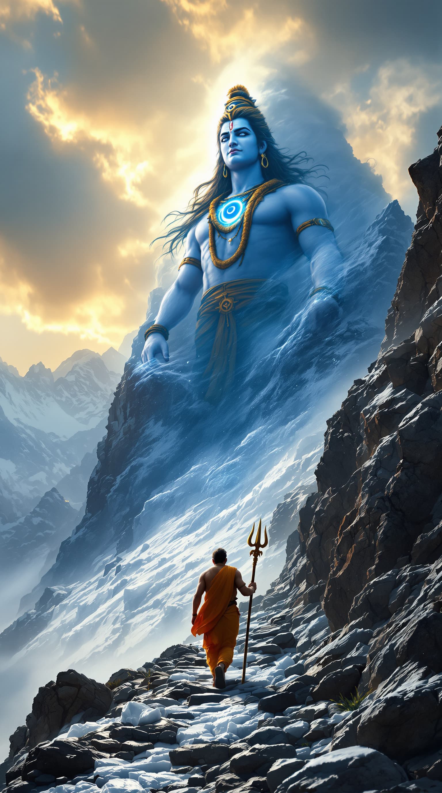 AI generated: "Ultra-realistic cinematic video, 8K resolution, depicting a lone devotee trekking up a steep Himala...