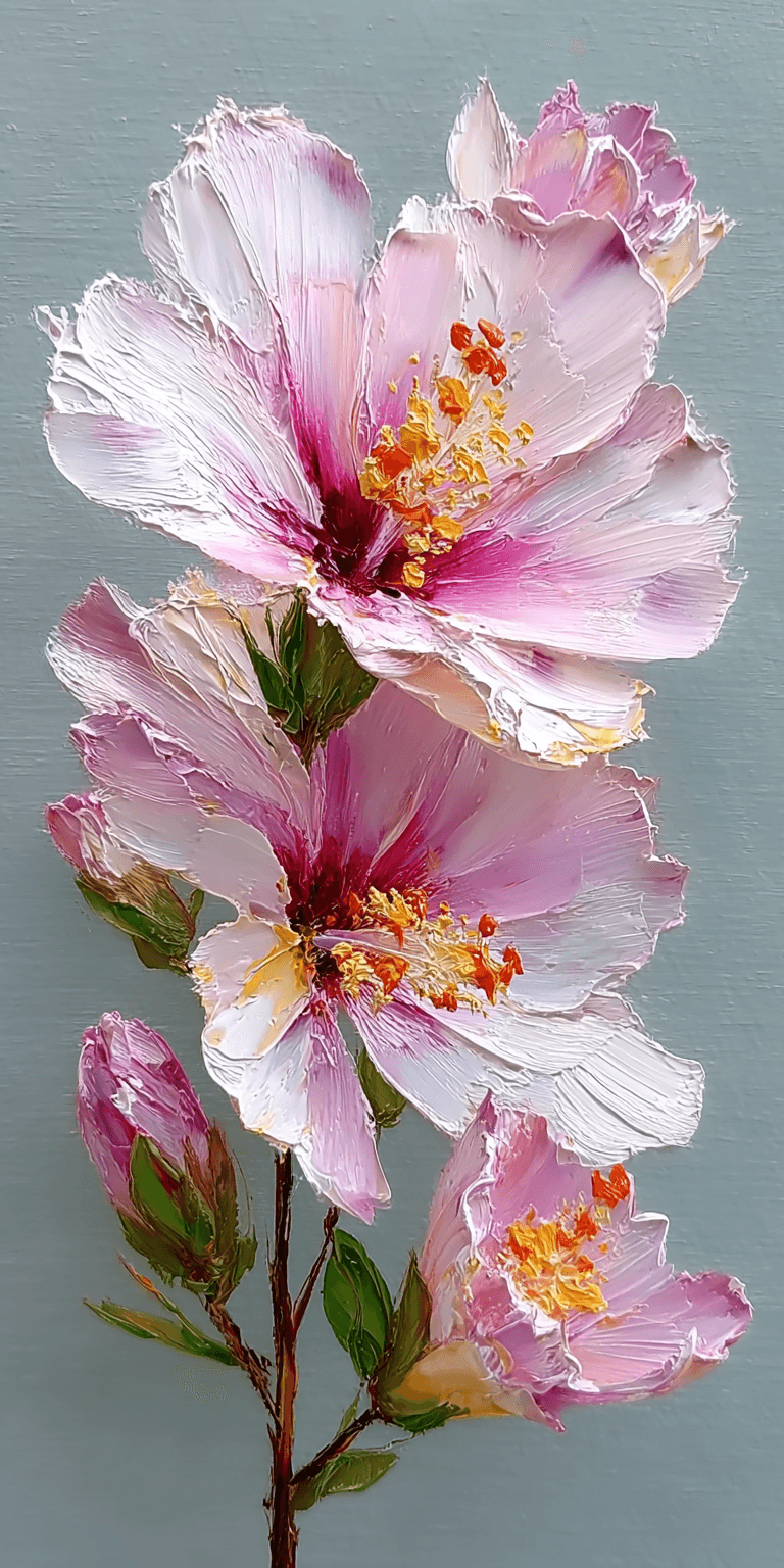 AI generated: close-up of a Hibiscus tree's large pink flower with petals, painted with a palette knife, heavy imp...
