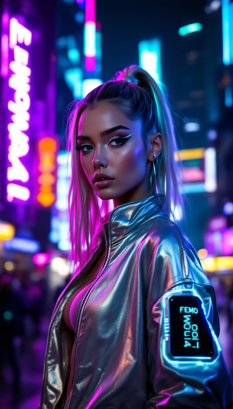 AI generated: A futuristic-themed portrait of a girl wearing a neon-accented metallic outfit. Her jacket has a glo...
