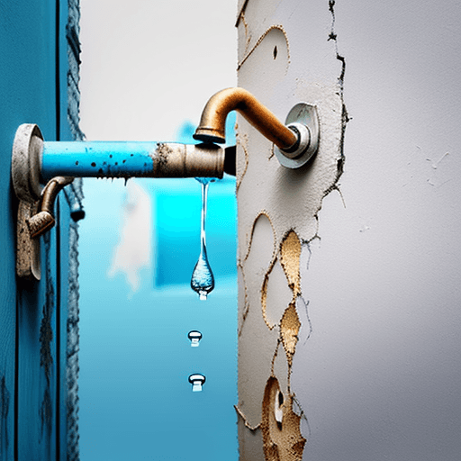AI generated: One water droplet falling from a  tap attached to a wall with old paint.