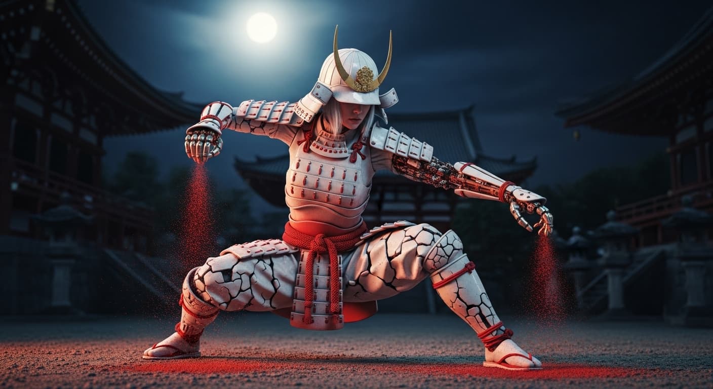 AI generated: A wide-angle cinematic photograph of a female samurai android in a defensive combat pose at night. H...