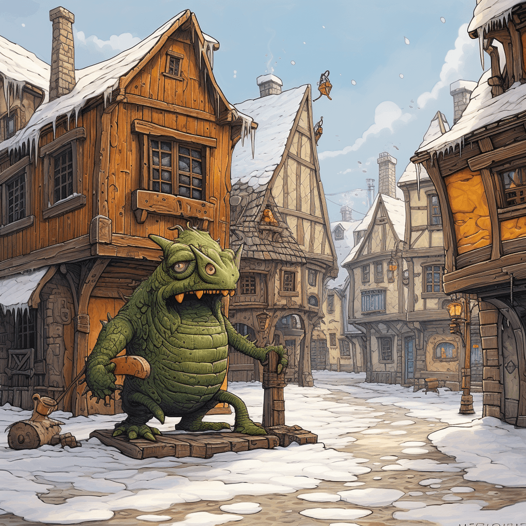 AI generated: giant creature shaped like a lizard, walking using all four legs, medieval town with wooden building...