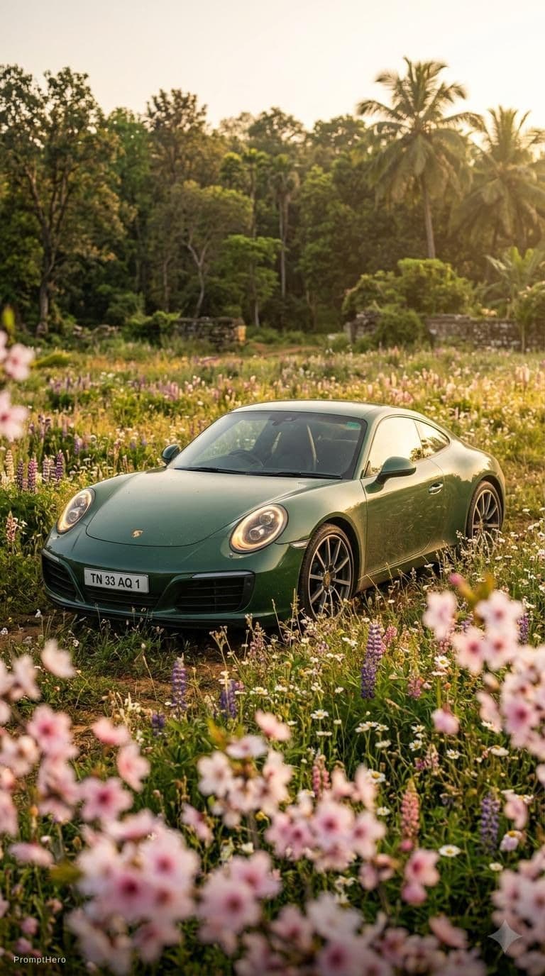 AI generated: extremely low shot of a forest green porche 911 in a field of flowers, add sakura petals in the fore...