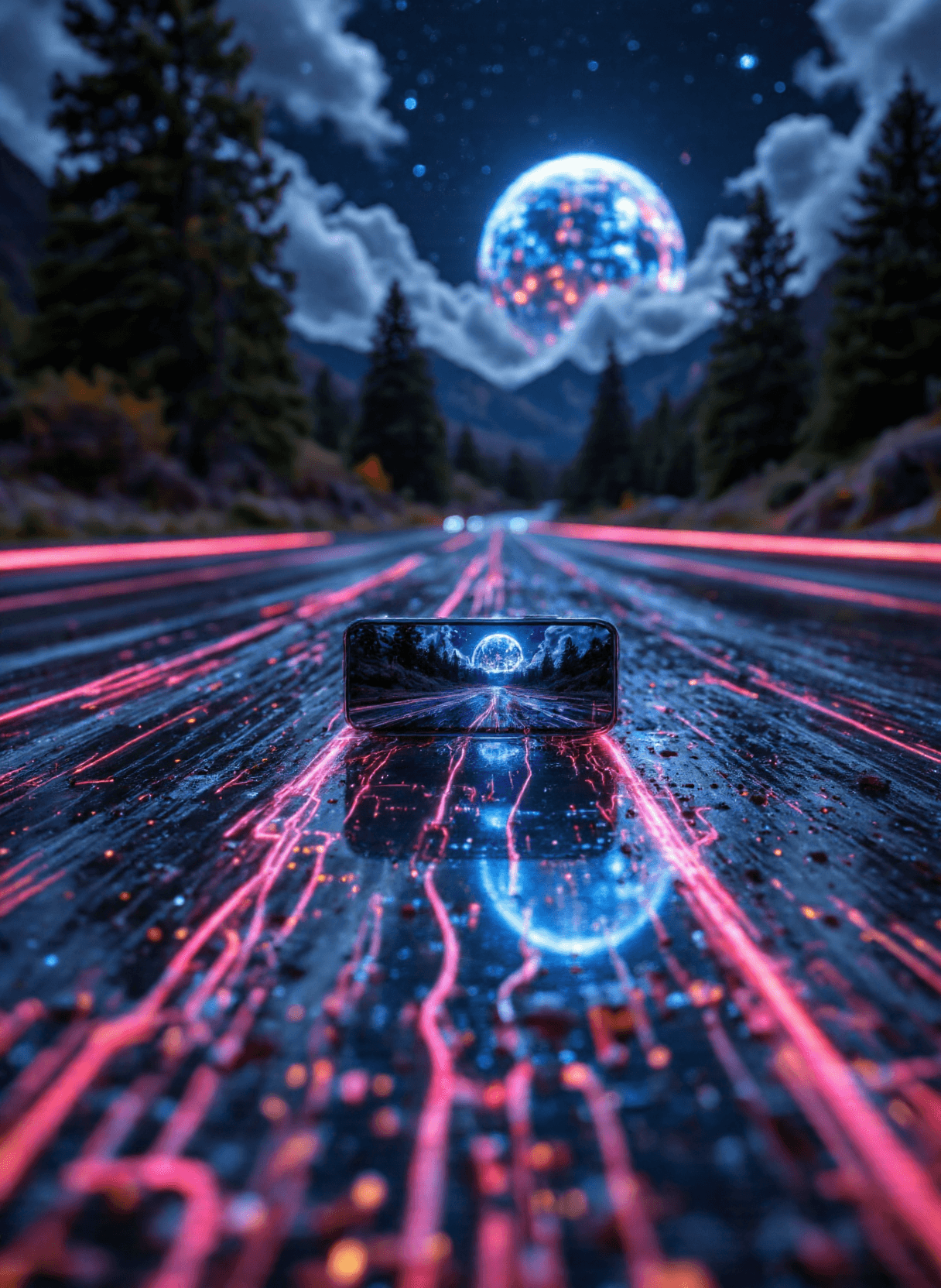 AI generated: The image depicts a surreal landscape with a futuristic theme. In the foreground, there is a reflect...