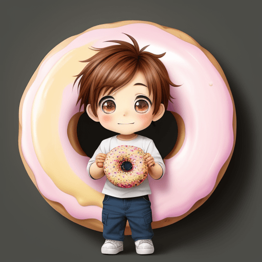AI generated: A cute Chibi little Boy holding a large colorful doughnut