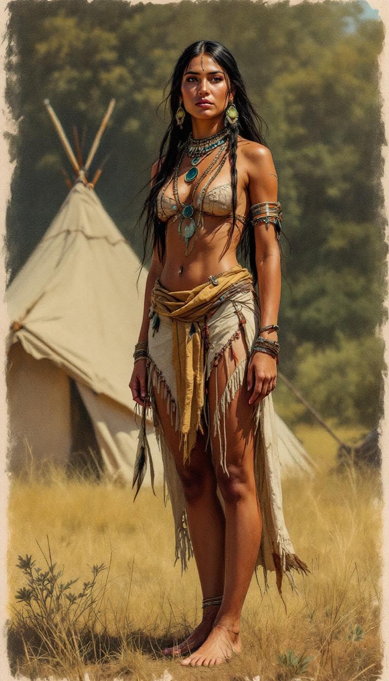 AI generated: Full body view of A half colored draw of a real beautiful  native american  indian woman,no hedgear,...