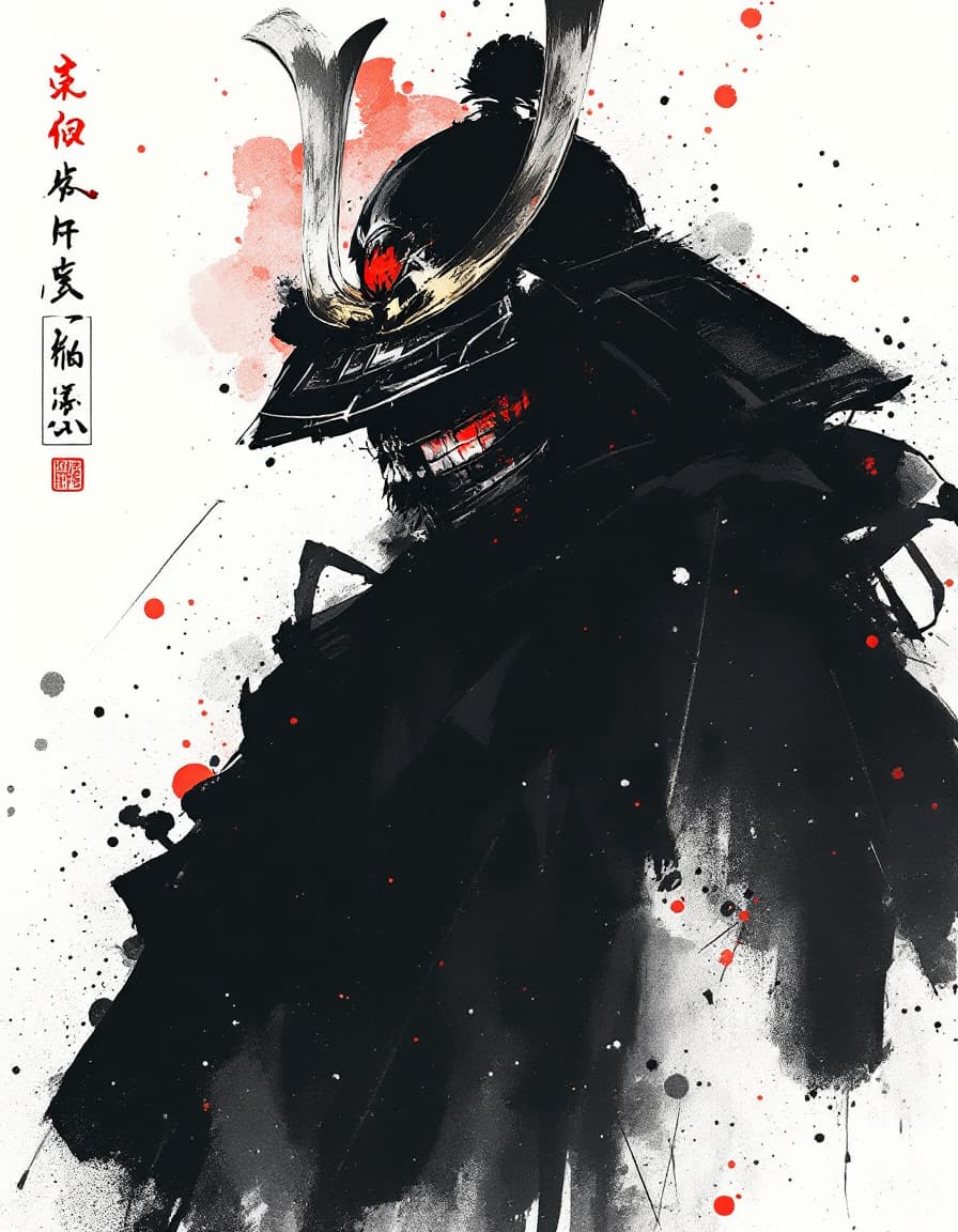 AI generated: samurai ronnin, ink artistic conception, with typography elements, abstract, complementary colors, s...
