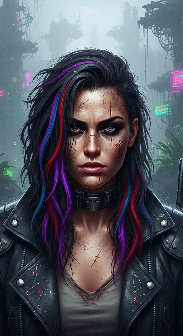 AI generated: A rugged female rebel portrayed in a dark, volumetric, foggy, and overcast atmosphere with rain fall...