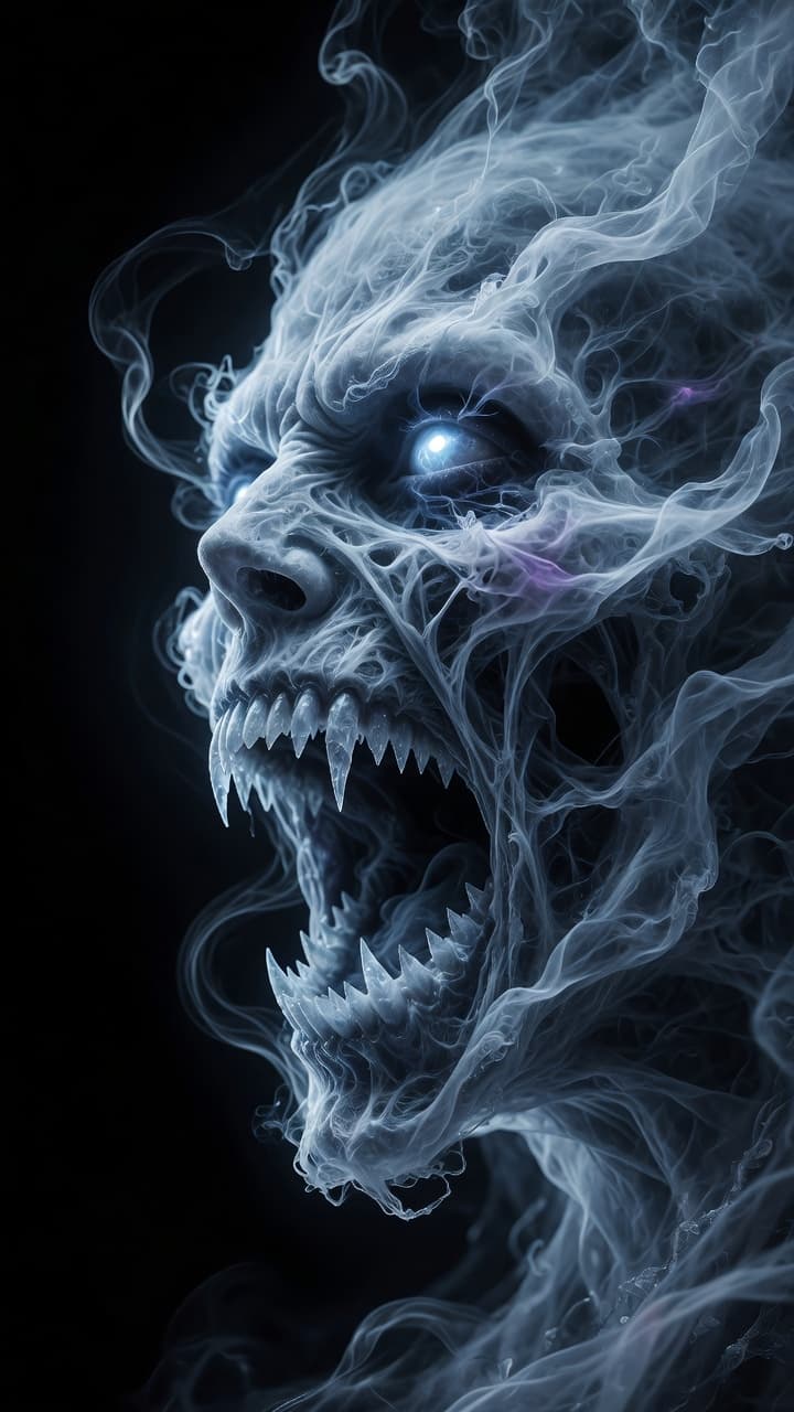AI generated: A highly detailed cinematic close-up profile portrait of a terrifying ghostly entity made of swirlin...