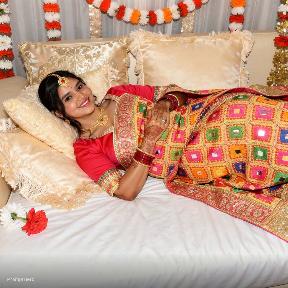 AI generated: Suhagrat ki dress hot kapde hot girl Bistar per Leti Hui nangi