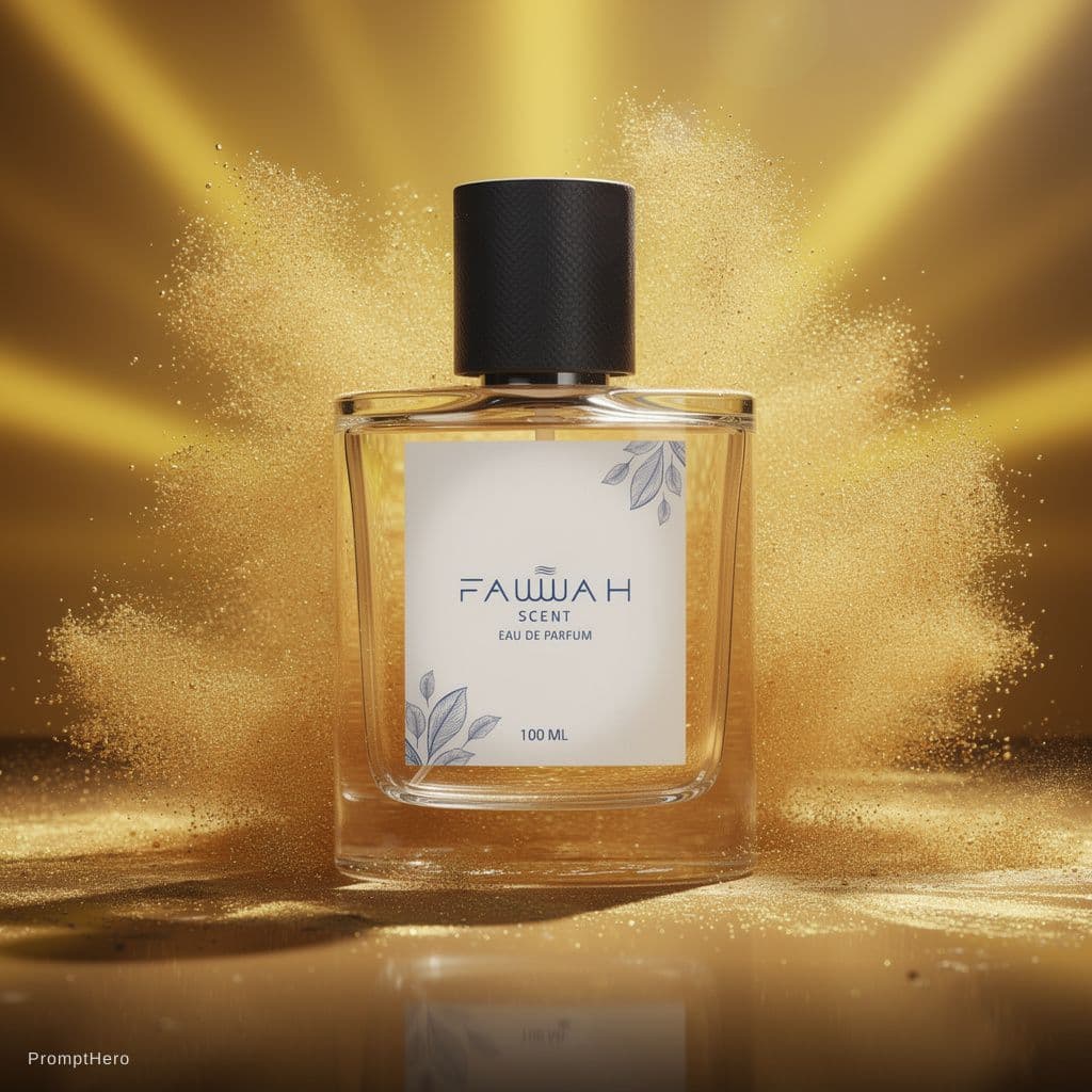 AI generated: Commercial photography, powerful explosion of golden dust,luxury parfum bottle,yellow sunray, studio...