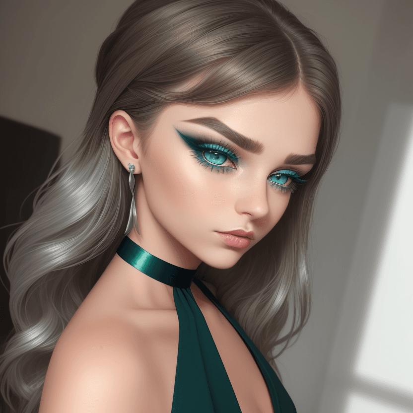 AI generated: she is a girl, she is 25 years old, she is brunette, she has blue eyes, she is wearing a dark green ...