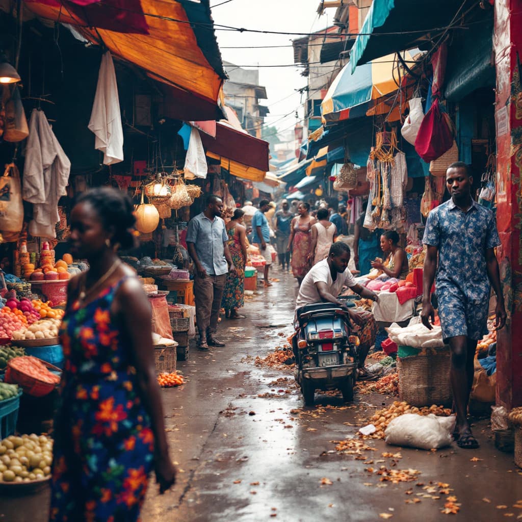 AI generated: A busy market day in Accra Ghana with vibrant stalls, rich colors, 4k resolution, detailed patterns,...