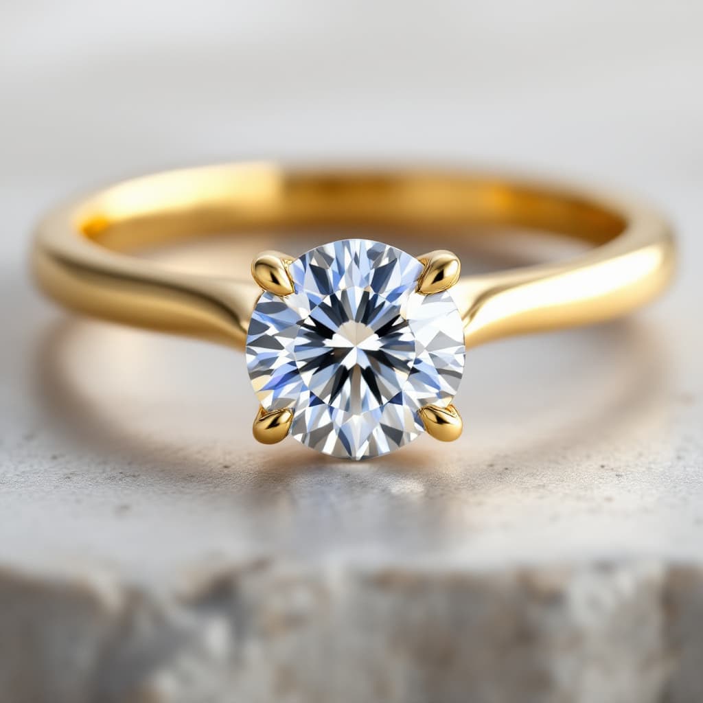 AI generated: realistic professinal product image of a yellow gold solitaire engagement ring with a round diamond ...