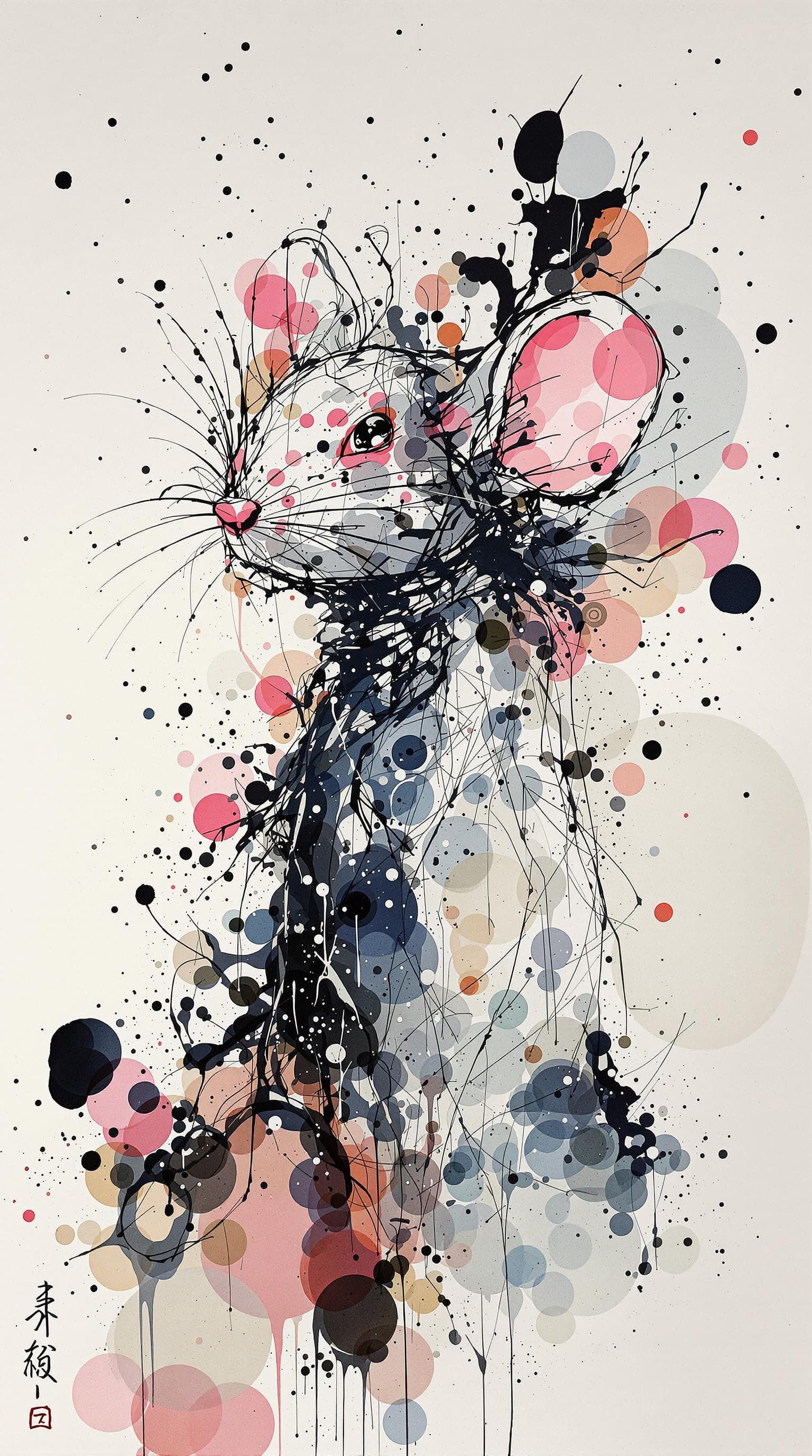 AI generated: Mouse, detailed,ink style,Ink splash art on the background,ink style,The whole is on the right，Ink w...