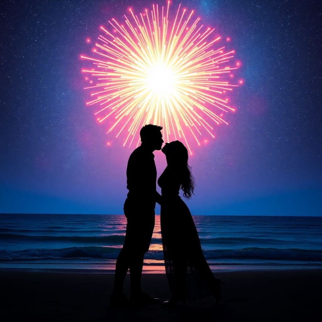 AI generated: The black silhouette of a romantic couple kissing on the horizon of a psychedelic beach. A neon cosm...