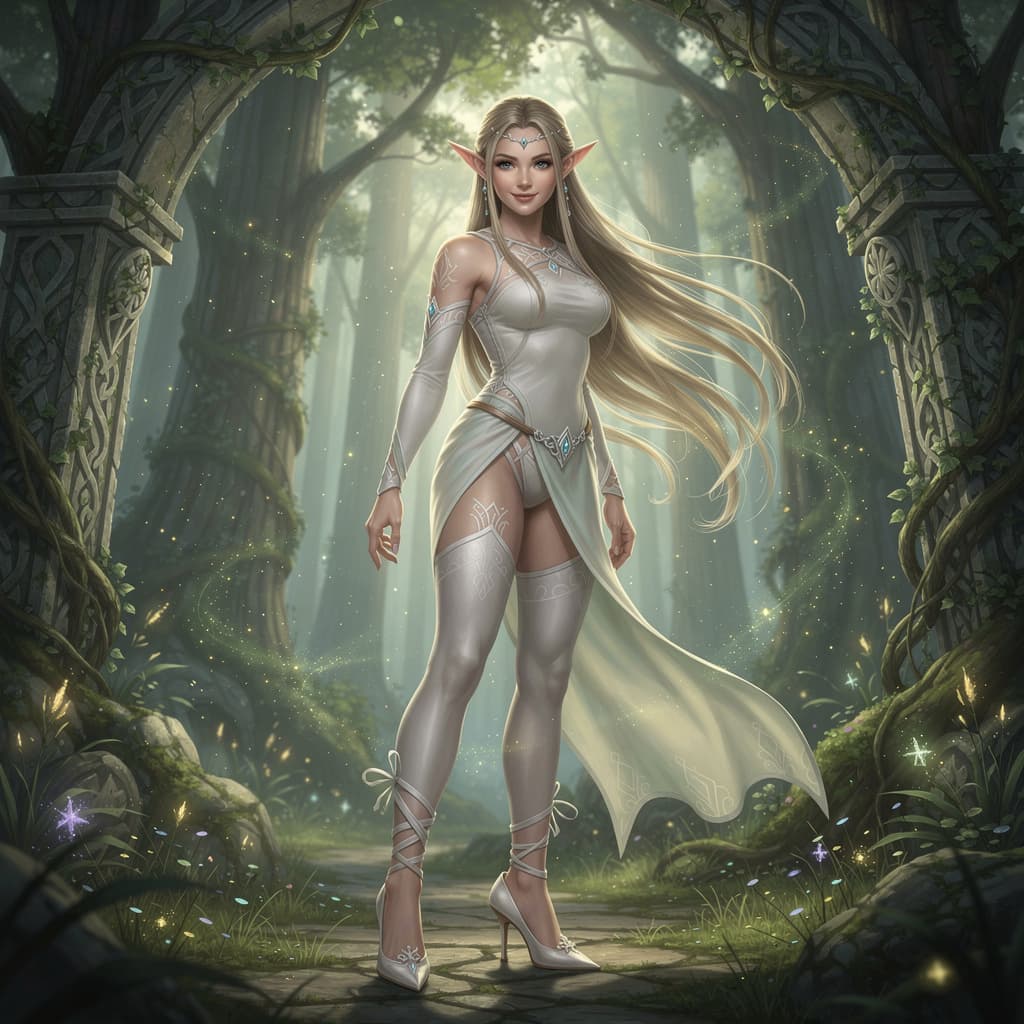 AI generated: A fantasy themed image of a female elf, she has a soft friendly smile, she wears white high heels wi...