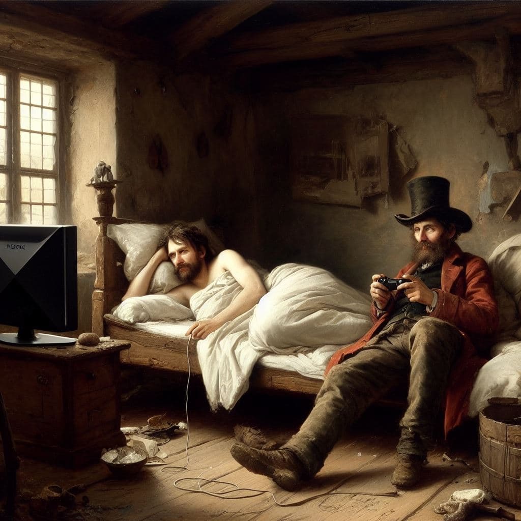 AI generated: In the style of Carl Spitzweg, the poor poet lying in bed and playing x-box, oil on canvas, Biederme...