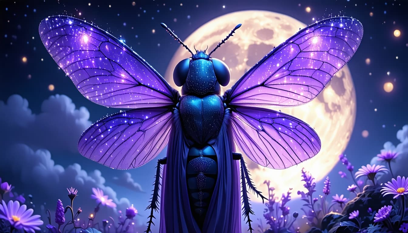 AI generated: Purple female bug lady, insect influences, standing majestically under a clear starry night sky, glo...