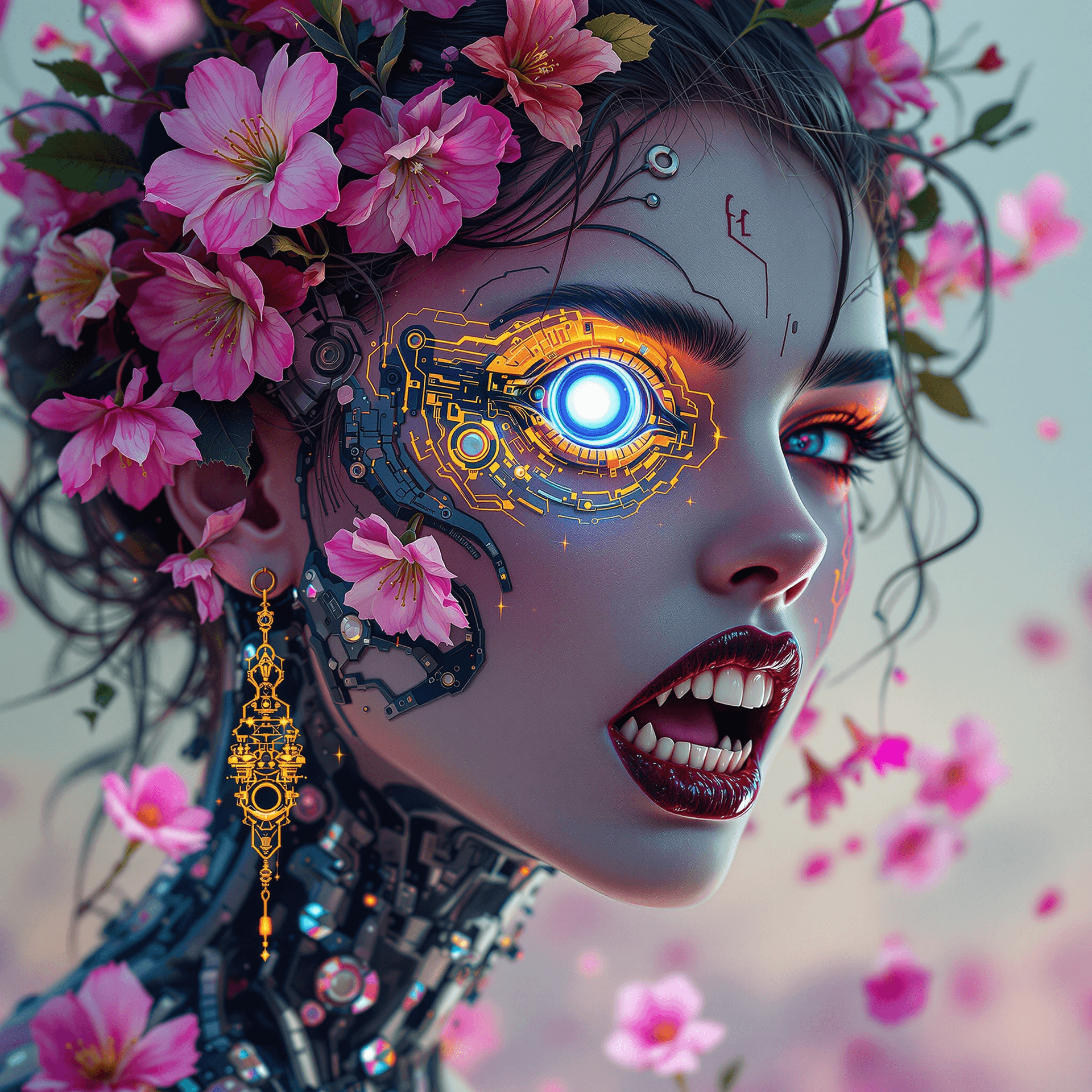 AI generated: A highly detailed cyberpunk-inspired female portrait with a dark and eerie aesthetic. The face is in...
