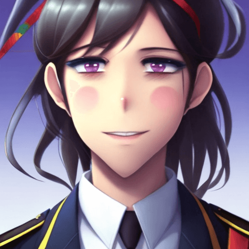 AI generated: Beautiful highschool boy in uniform turns around with a smile with tears, long hair in buns, anime, ...
