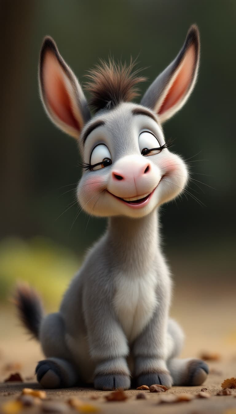 AI generated: a cute small animated 
donkey smiling and leaning in to kiss