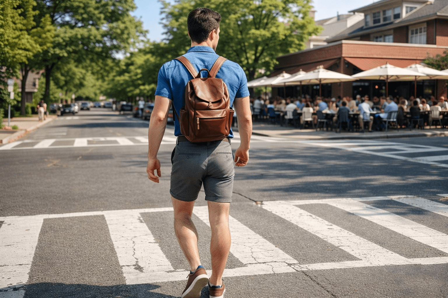 AI generated: In a sunny morning at a nice neighborhood. The model is crossing the street towards a large-one full...