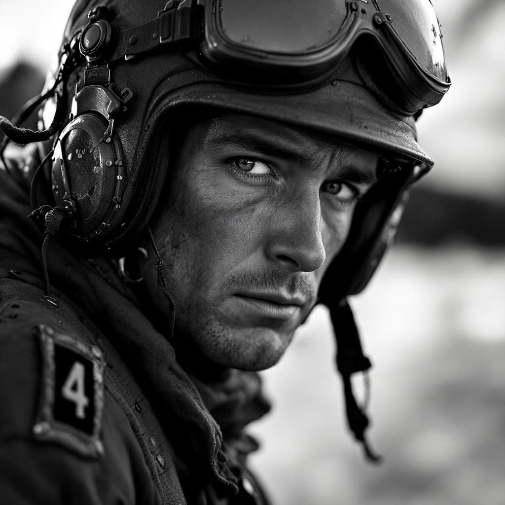 AI generated: black and white photography, WWII english pilot, battle of britain, sadly looks on camera, highres, ...