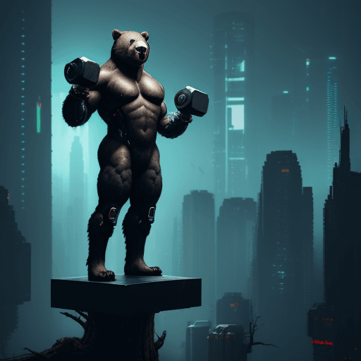 AI generated: Cyberpunk style, a bear standing on a tree, 
 holding a dumbbell, science atmosphere, futuristic,  