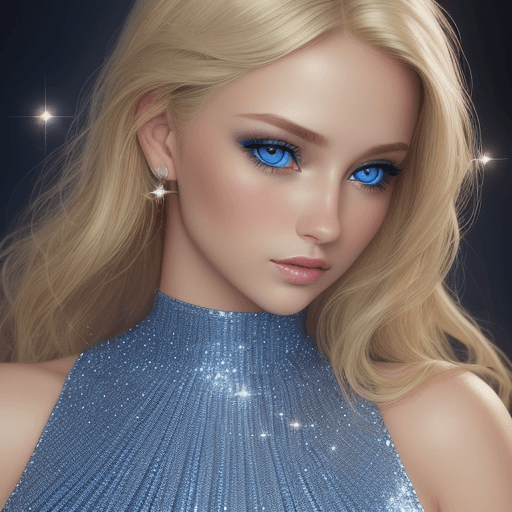 AI generated: A young, beautiful, realistic looking, detailed, blonde, blue eyed, woman wearing a sparkly, shiny, ...