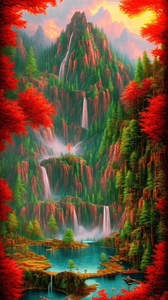 AI generated: summer landscape, red color, Bokeh, the waterfall, lake, insanely detailed and intricate, hypermaxim...